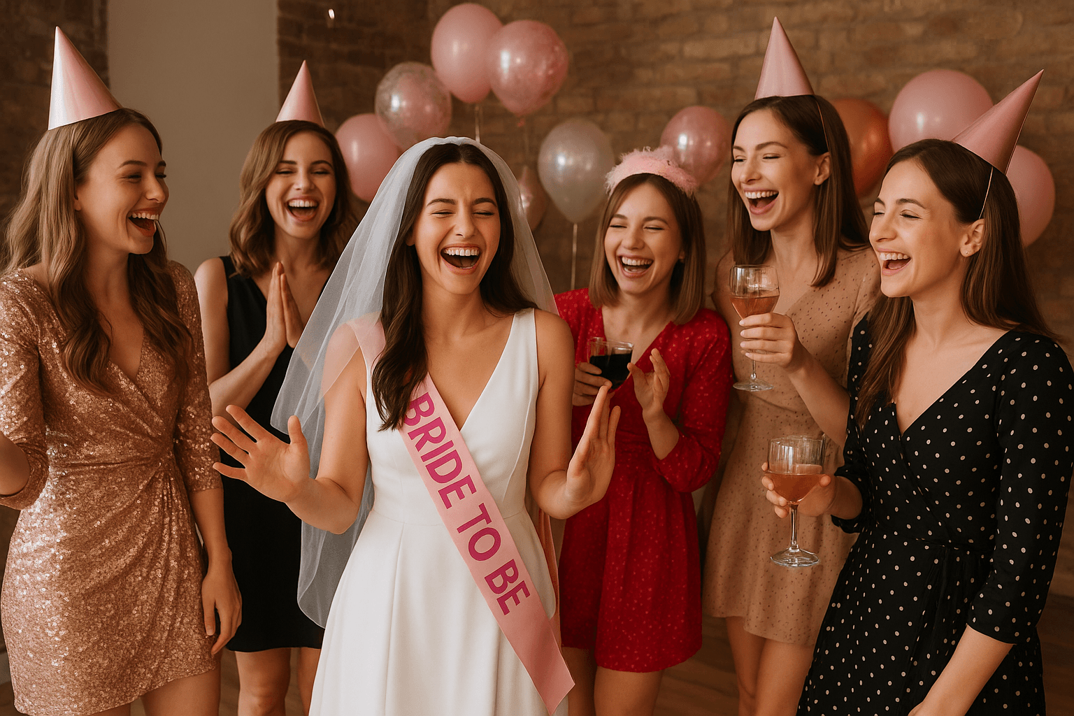 Hen party friends cheering indoors