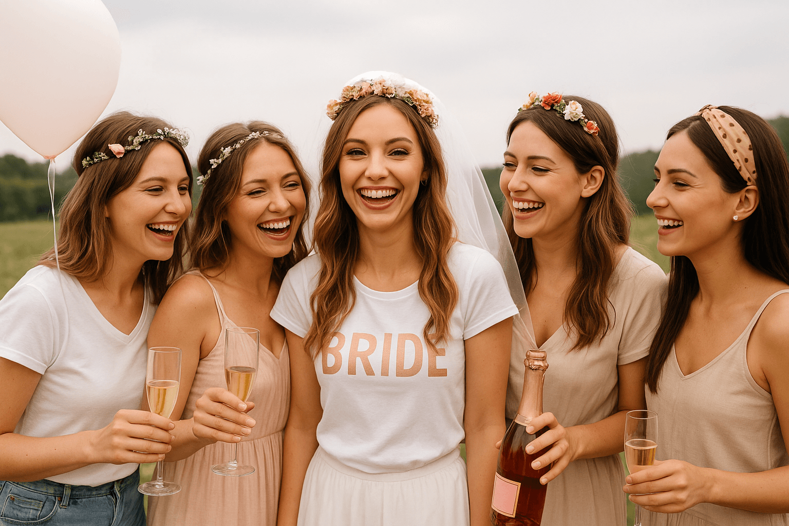 Bride with friends outdoors celebrating